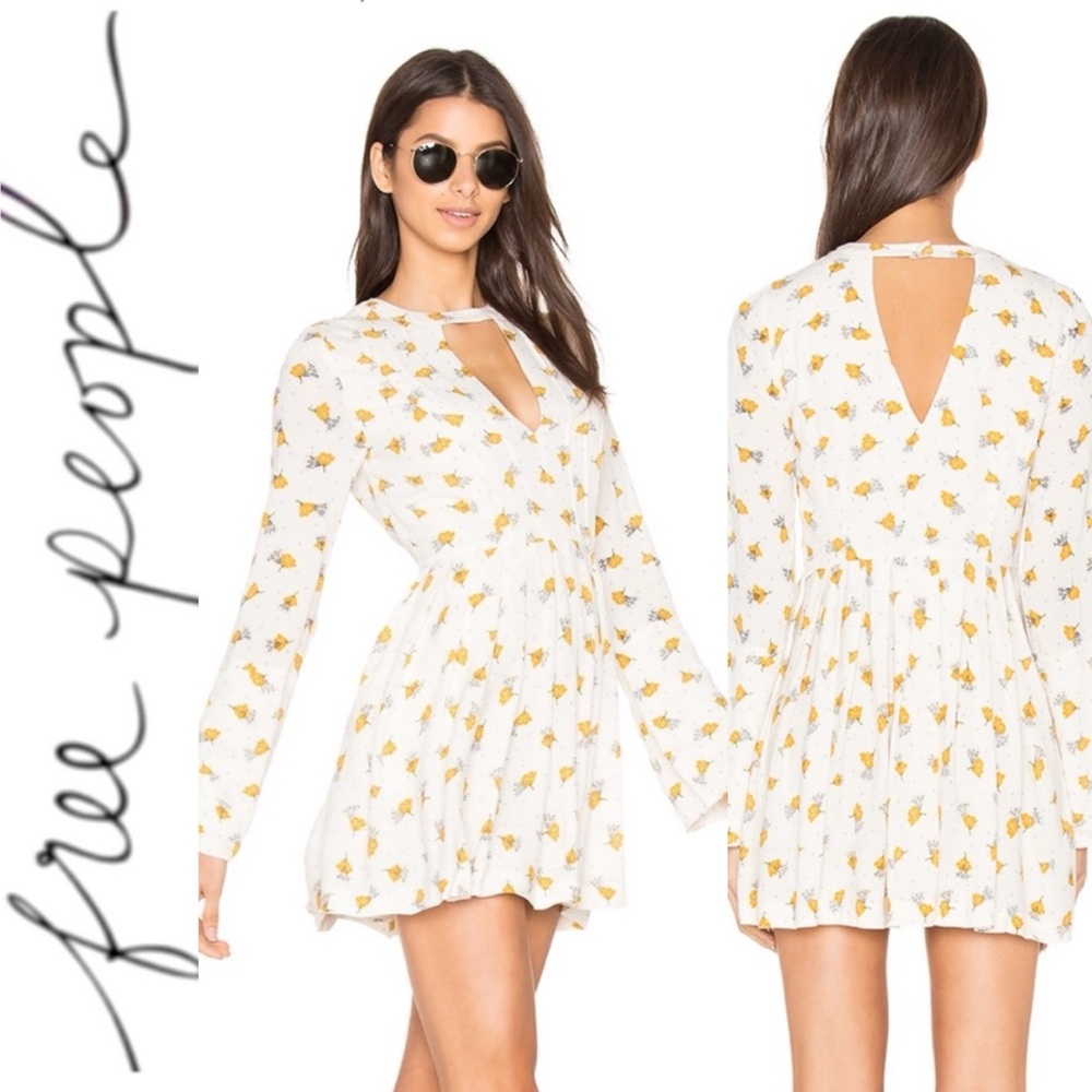 Free People Tegan Floral Printed Dress long sleeve white keyhole tunic mini